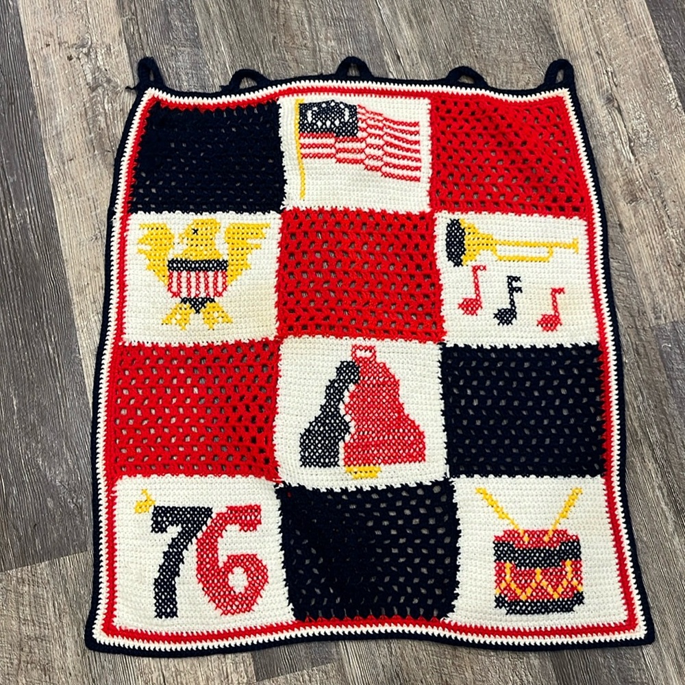 Vintage 1976 Crochet Afghan Patriotic Americana Handmade Blanket